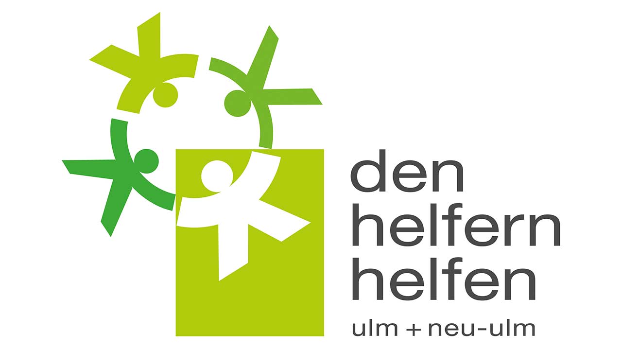 Jeder Euro zählt! Logo in Grün mit 4 Männchen im Kreis und einen Slogan mit dem Text den Helfern helfen