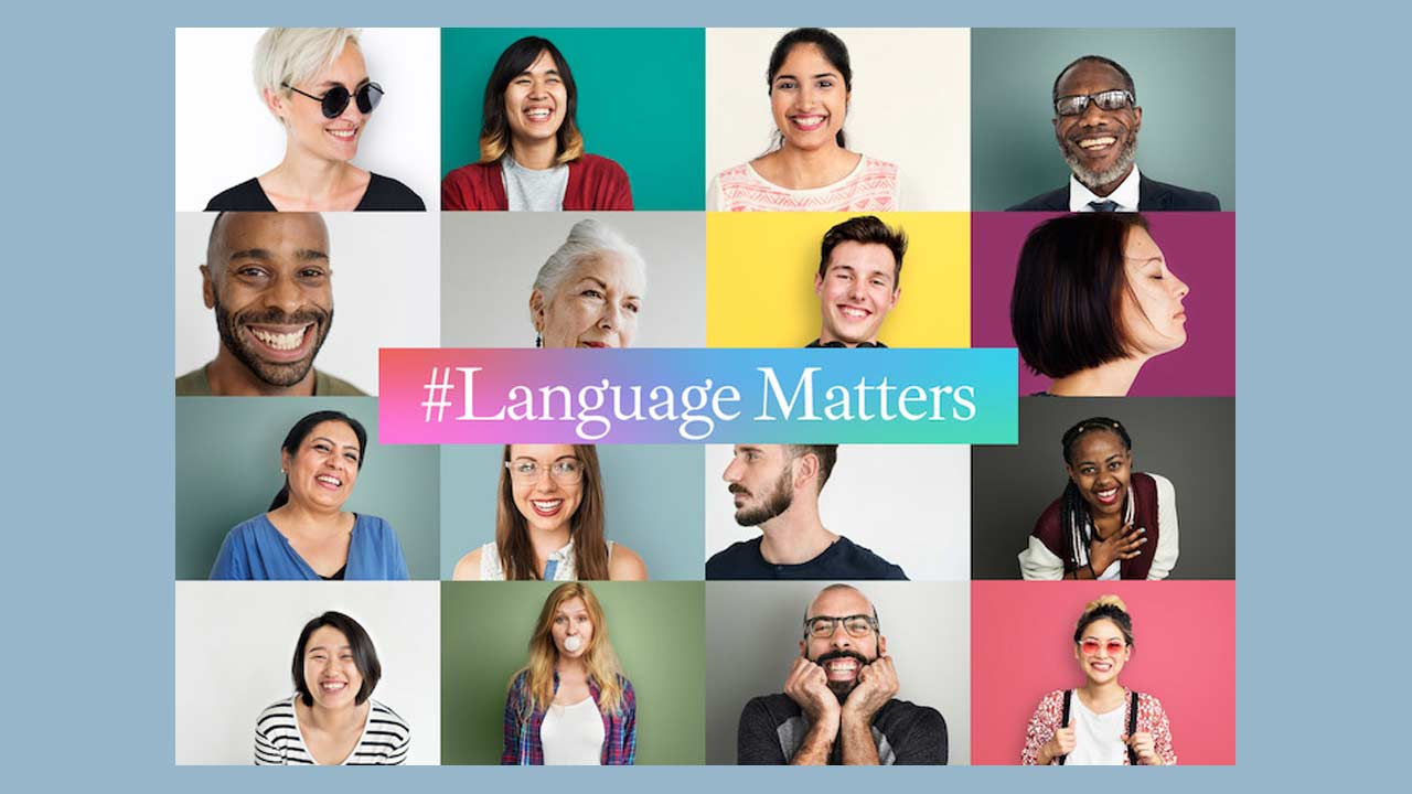 Different people put together in a collage and in the middle is language matters